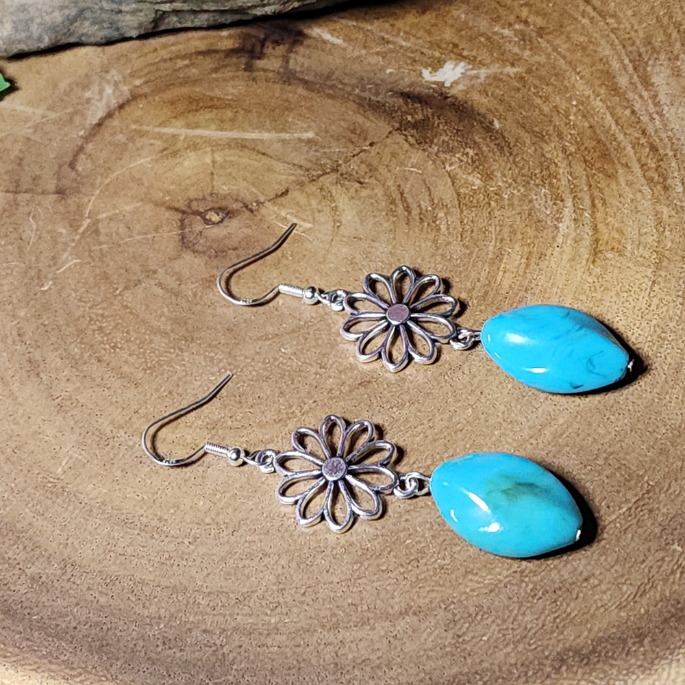 Hand Crafted Faux Turquoise and Silver Toned Floral Earrings - Picture 4 of 9